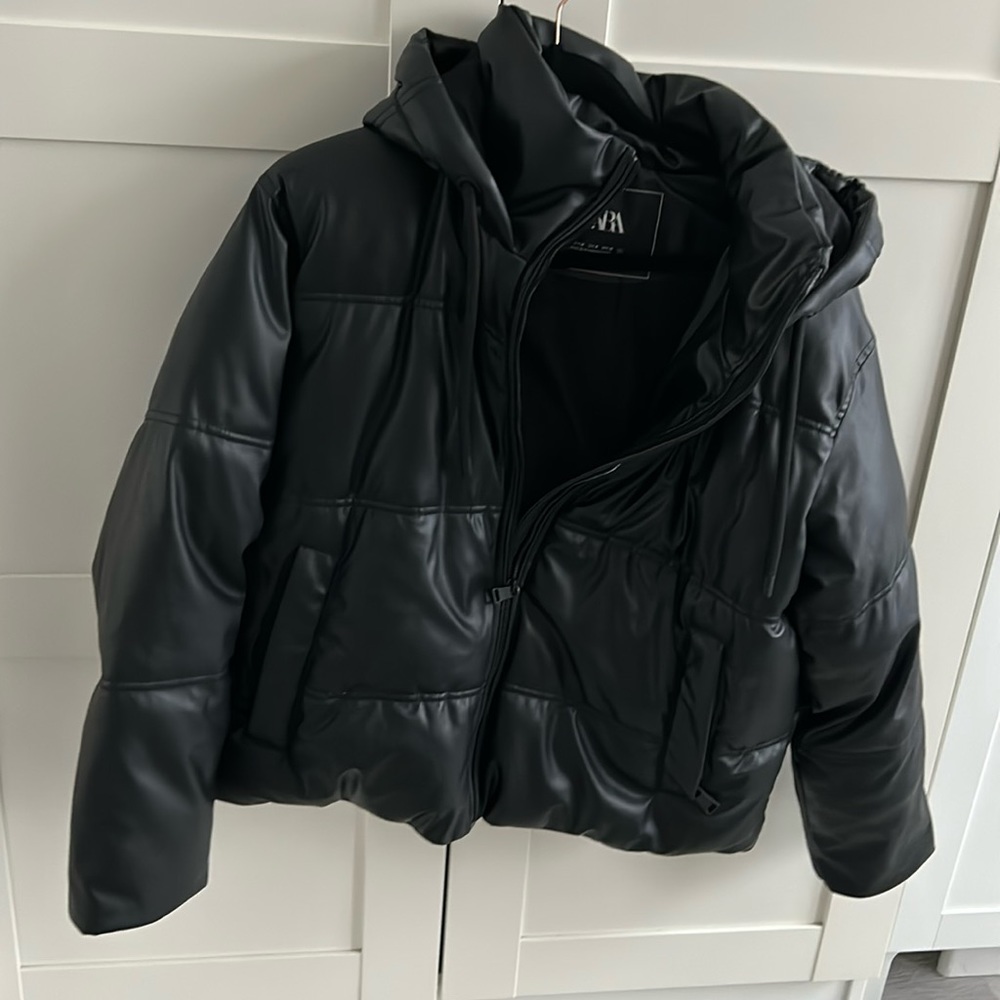 Zara Leather Hooded puffer Jacket- Black- Medium